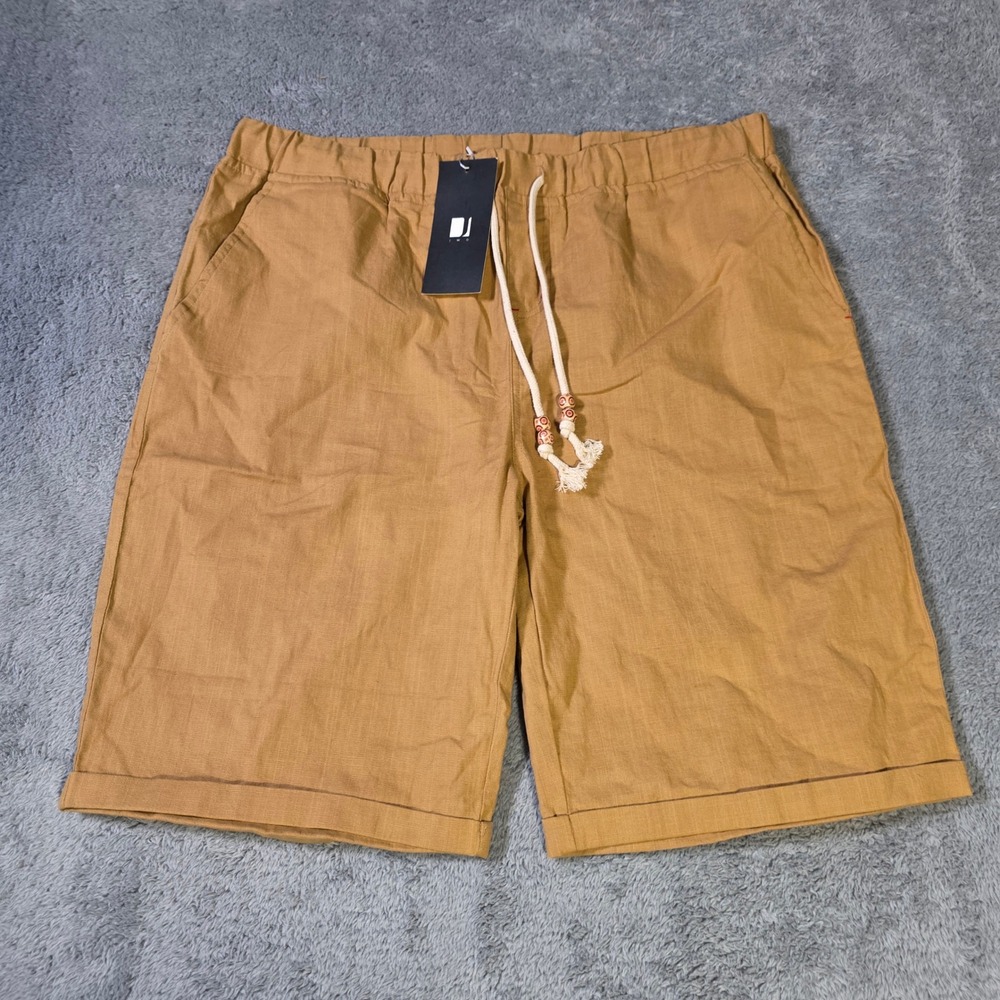 JWD Mens Medium Shorts Tan‎ Linen Blend Elastic Waist Rope Drawstring Cuffed New